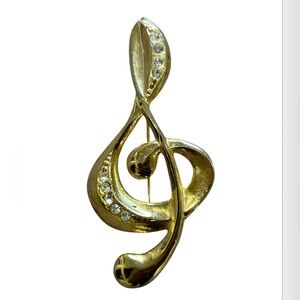 Vintage Gold Treble Clef Brooch with Rhinestones